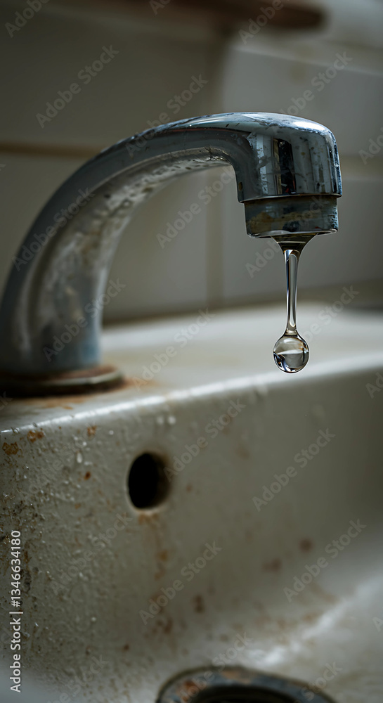 Constantly dripping old faucet. Water stains and limescale deposits on the sink surface. Rusty tap with a neglected appearance.