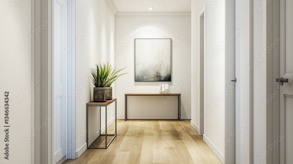 Fototapeta premium Modern hallway console table plant wooden floors AI generated
