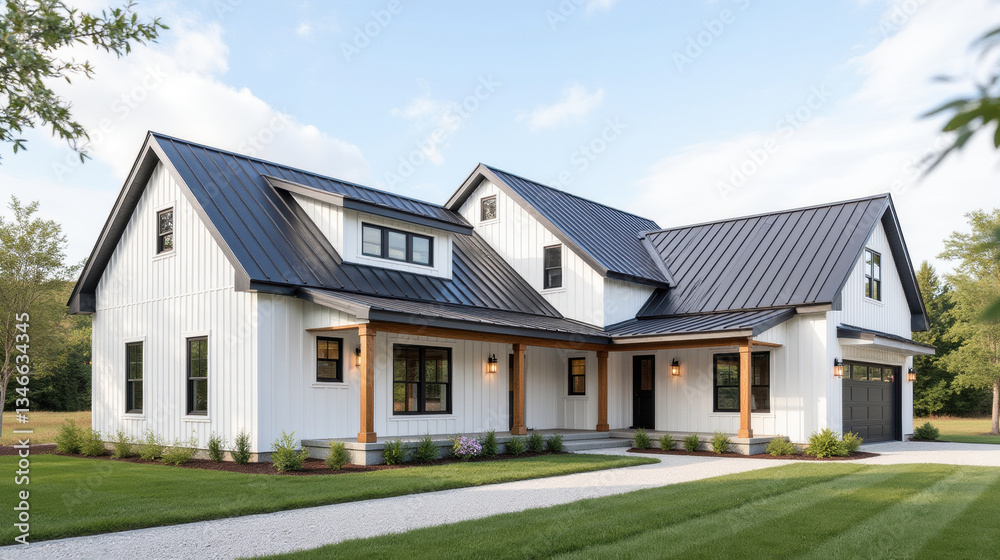 Modern farmhouse with sleek metal roof and white siding, surrounded by greenery. inviting porch and landscaped yard enhance its charm Modern farmhouse with sleek metal roof and white siding, surrounded by greenery. inviting porch and landscaped yard enhance its charm