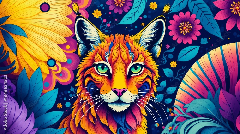 A fierce lynx with glowing eyes in a cosmic jungle filled with swirling colors A fierce lynx with glowing eyes in a cosmic jungle filled with swirling colors