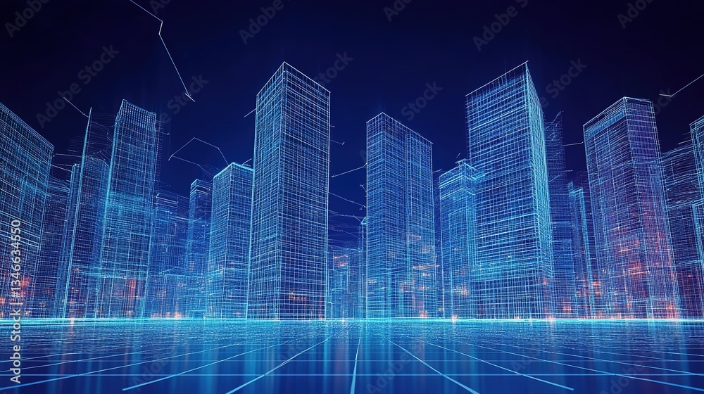 Abstract Architectural Wireframe of Modern Skyscrapers - 3D Perspective View Abstract Architectural Wireframe of Modern Skyscrapers - 3D Perspective View