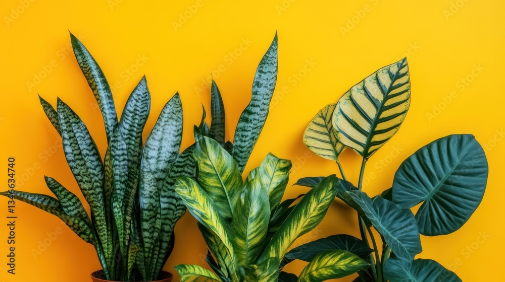 Obraz premium Vibrant houseplants against a yellow background.