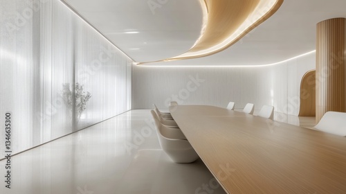 Modern minimalist conference room features a long wooden table and white chairs. AI generated
