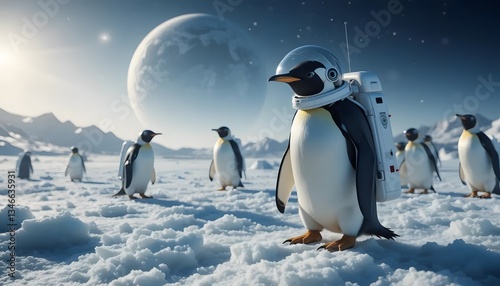 A lone penguin astronaut bravely journeys across a snowy alien landscape under a vast, starry sky, with a majestic moon and other penguins in the distance. photo
