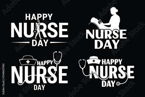 International nurse day text or lettering set collection with nurse and stethoscope icon for T shirt design on Black background