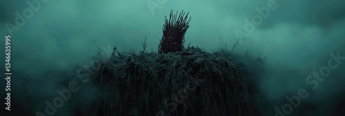 Ancient, monstrous entity emerging from a swampy, fog-shrouded abyss