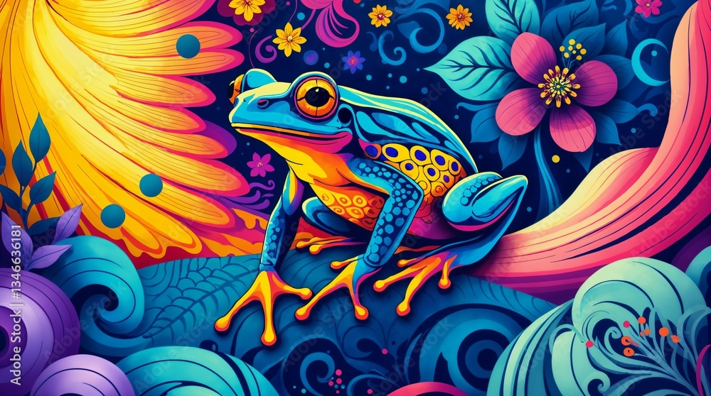 A vibrant tree frog sits on a surreal fantasy landscape A vibrant tree frog sits on a surreal fantasy landscape