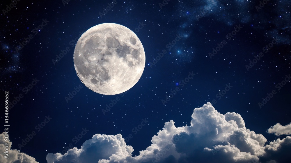 Fototapeta premium Full moon shining brightly in a night sky filled with stars and clouds.