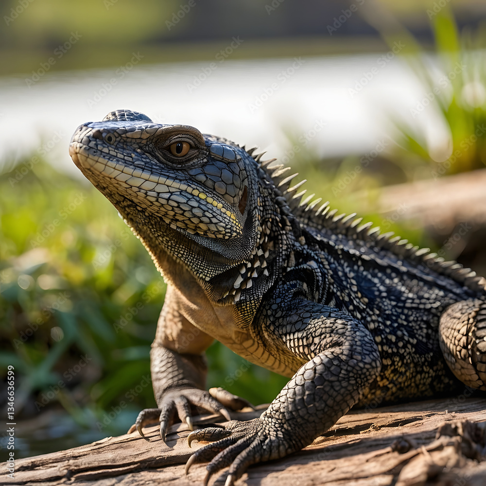 Reptilian Majesty: A captivating close-up of a water dragon basking in the sun, its scales and eyes reflecting nature's grandeur. This image captures the raw essence of the natural world. Reptilian Majesty: A captivating close-up of a water dragon basking in the sun, its scales and eyes reflecting nature's grandeur. This image captures the raw essence of the natural world.