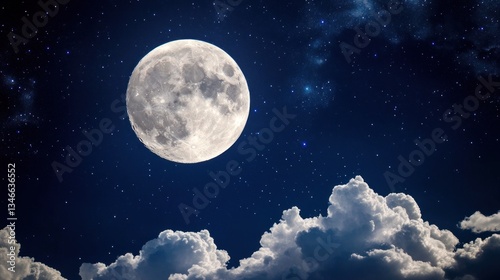 Full moon shining brightly in a night sky filled with stars and clouds.