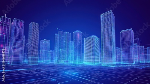 Abstract Architectural Wireframe of Modern Skyscrapers - 3D Perspective View