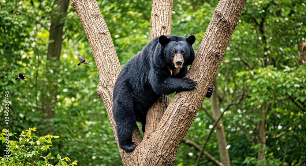 Fototapeta premium n Asian Black Bear Grips the Thick Trunk of an Ancient Tree, Its Sharp Claws Sinking Into the Bark as It Climbs With Effortless Agility
