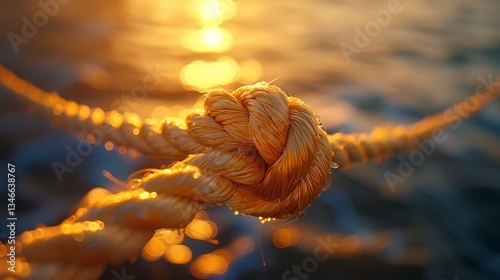 Ultra-fine detail of a balloon's nylon string knot, captured with a 100mm macro lens showcasing fiber texture, enhanced by golden hour backlight with rim glow