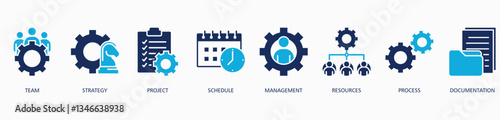 Work Flow web icon vector illustration concept with icon of team, strategy, project, schedule, management, resources, process and documentation   
 