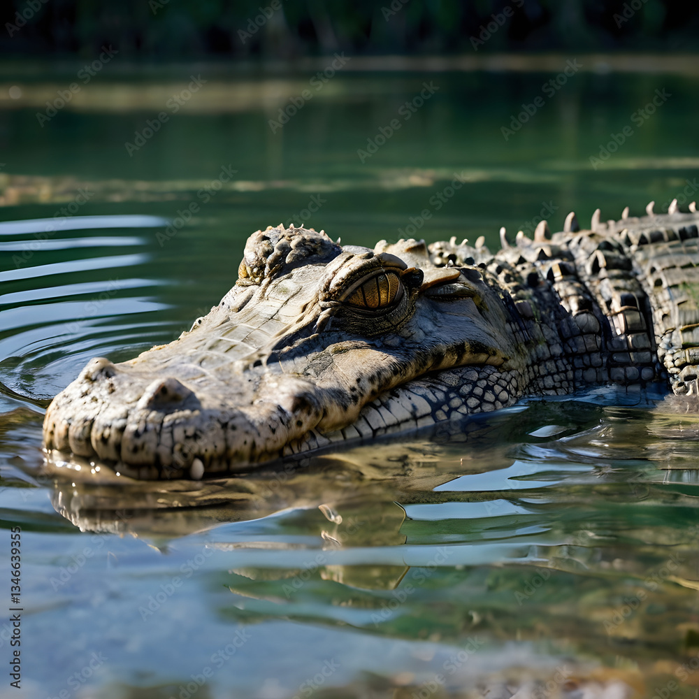 Silent Predator: A close-up captures the intense gaze of a stealthy crocodile as it navigates the tranquil waters of a serene lake, showcasing its powerful presence and raw, untamed essence. Silent Predator: A close-up captures the intense gaze of a stealthy crocodile as it navigates the tranquil waters of a serene lake, showcasing its powerful presence and raw, untamed essence.