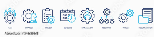Work Flow web icon vector illustration concept with icon of team, strategy, project, schedule, management, resources, process and documentation   
 