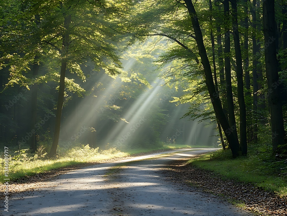Obraz premium Sunbeams Illuminate Forest Path. (2)
