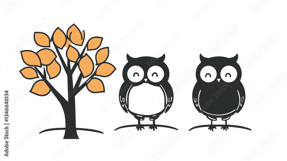 Fototapeta premium Adorable Owl Character Playing on a Tree – Cute Forest Scene