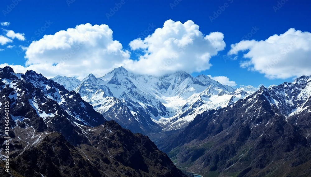 Majestic Mountain Range with Snow Peaks and Fluffy Clouds on a Clear Day Majestic Mountain Range with Snow Peaks and Fluffy Clouds on a Clear Day