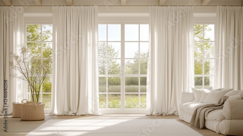 Serene room with white curtains large windows and soft light. AI generated
