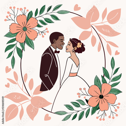 Elegant Wedding Illustration A Bride and Groom Surrounded by Floral Beauty