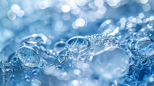 Detailed macro shot of glacial ice melting, capturing droplets with an arctic blue color scheme, crystal-clear water beads, and a high-key lighting style, presented in a scientific documentary format