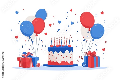 Festive Birthday Celebration with Cake, Balloons, and Gifts