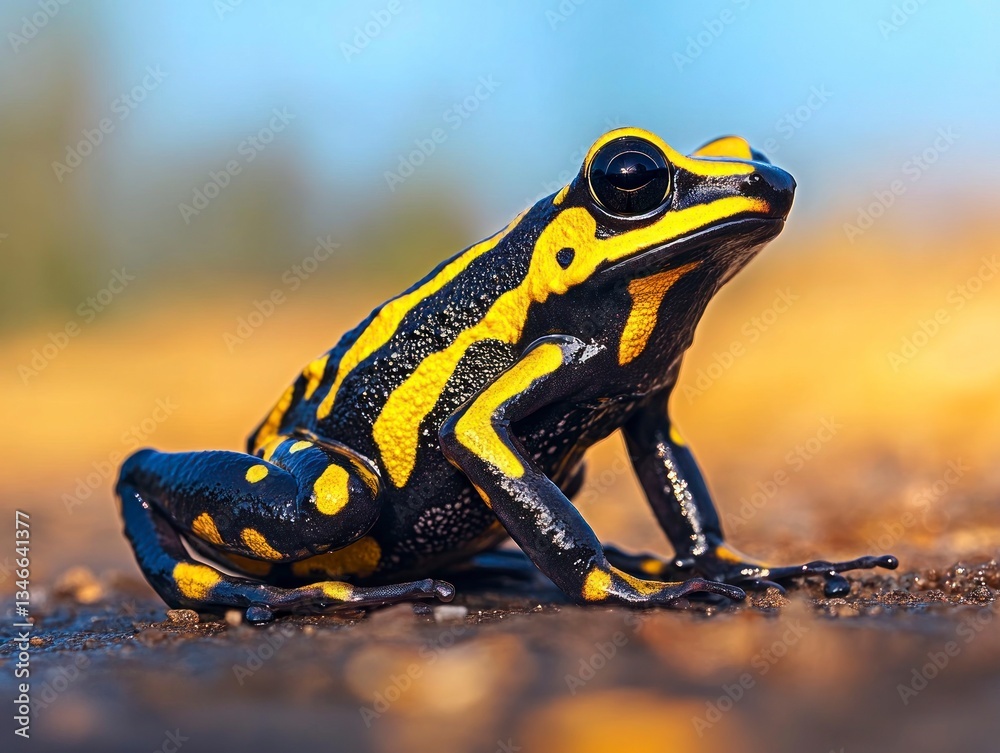 Obraz premium Yellow Striped Poison Dart Frog Resting on the Ground Close Up