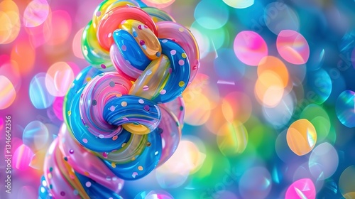 Intimate macro shot of a twisted balloon animal's knotted neck, displaying a rainbow spiral pattern and confetti fragments, with birthday party bokeh lights in the background