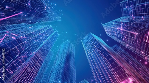 Abstract Architectural Wireframe of Modern Skyscrapers - 3D Perspective View