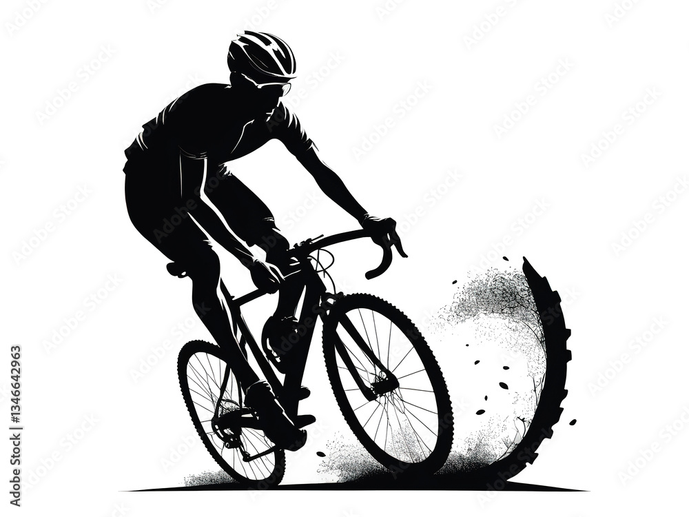 Fototapeta premium Bold silhouette of a cyclist pedaling through a vibrant landscape, full of adventure. Isolated transparent background 