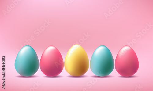 Happy Easter 3d vector background. Metal colored golden, blue chocolates in soft pink pastel scene. Spring greeting card, realistic podium design. April mini header illustration, gift concept render
