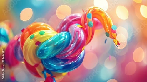 Intimate macro shot of a twisted balloon animal's knotted neck, displaying a rainbow spiral pattern and confetti fragments, with birthday party bokeh lights in the background