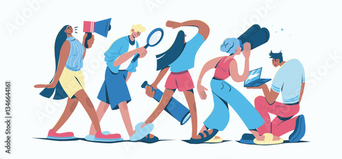 Searching for opportunities concept in cartoon web design. People with binoculars, magnifiers and telescopes looking new goals and career ideas. Flat vector illustration isolated on white background.