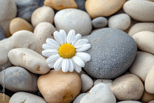 Daisy on Pebbles. Close-up of a daisy on pebbles, ideal for nature-themed designs or tranquility concepts.