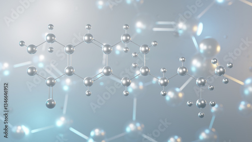 oxamniquine molecular structure, 3d model molecule, anthelmintic drug structural chemical formula view from a microscope
