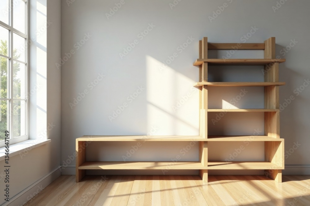 Sunlit Room Featuring a Modern Light Wood Bookshelf with Ample Shelving Space