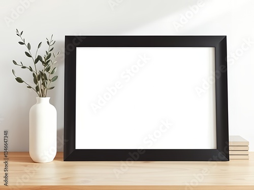 A blank frame with a black border sits centrally on a light wooden surface, unobstructed and prominent. To the left, a tall white vase holds olive branches, complemented by neatly stacked neutral-tone