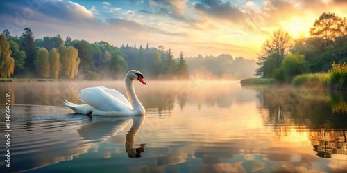 Fototapeta Naklejka Na Ścianę i Meble -  Beautiful Swan Floating on Serene Lake, landscape, nature,  landscape, nature, lake scene, beautiful swan,serene lake