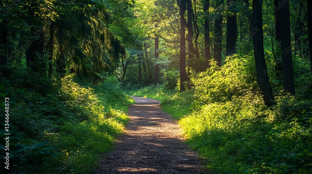 Fototapeta premium Lush Lush Forest Scene Path Vibrant Sunlight Soft Greenery