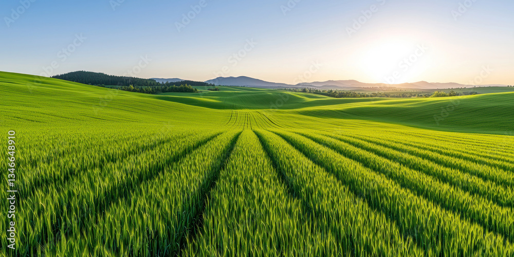 Lush green fields stretch clear sky, showcasing vibrant rows of crops and distant mountains, evoking sense of tranquility and Lush green fields stretch clear sky, showcasing vibrant rows of crops and distant mountains, evoking sense of tranquility and