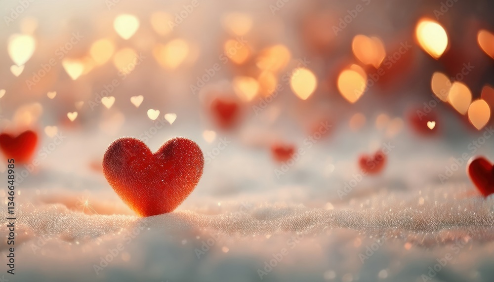 Fototapeta premium romantic red heart on sparkling snow with golden bokeh lights, soft dreamy atmosphere, love and valentine's day concept