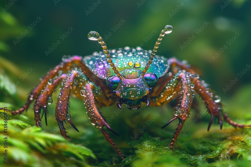 Fototapeta premium Iridescent beetle rainforest macro close-up; vibrant green moss background; nature photography