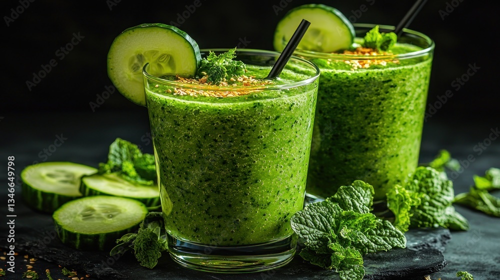 Two vibrant green cucumber smoothies Two vibrant green cucumber smoothies