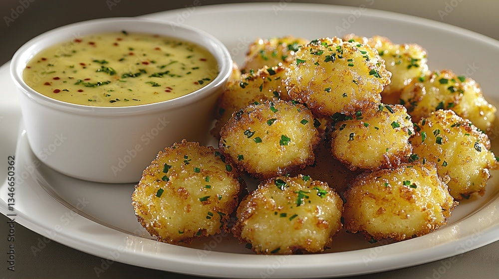 Crispy, golden, cheesy bites with dipping sauce Crispy, golden, cheesy bites with dipping sauce