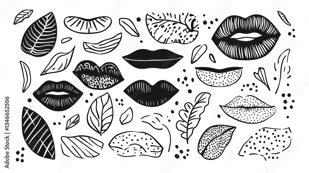 Naklejka premium Monochrome lips and leaves design; botanical beauty; graphic art; website, print