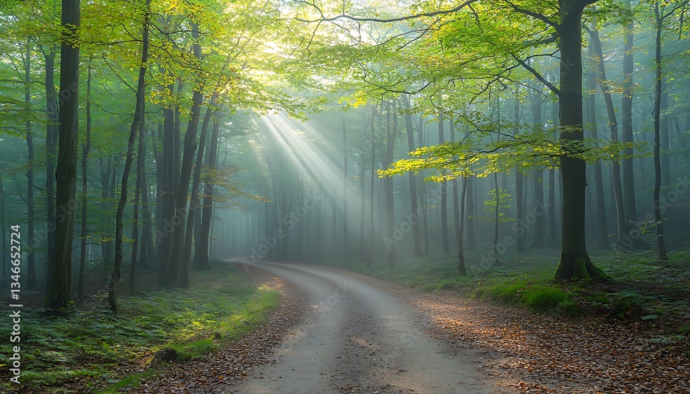 Obraz premium Sunbeams Illuminate Misty Forest Path.
