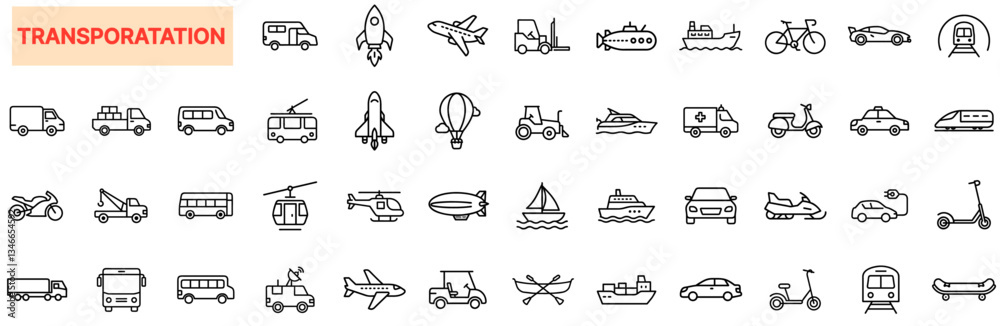 Fototapeta premium Transportation Icon Set – Vehicles, Public Transport, Air, Land, Water, Space, Travel, Logistics, Cargo, Delivery, Shipping, Aviation, Electric Vehicles, Sustainable Transport