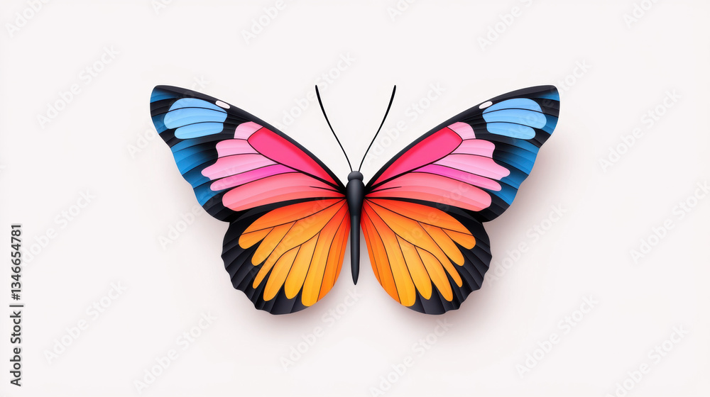Obraz premium Kenspeckle, Vibrant butterfly with intricate patterns in blue, pink, and orange against a light background.