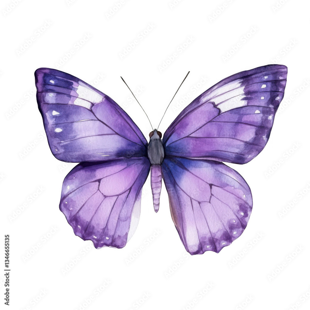 Obraz premium Watercolor purple butterfly illustration, clip art for stickers, white background, png